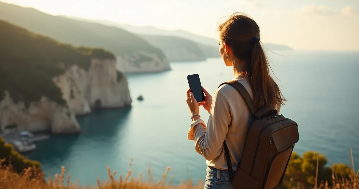 Traveler at a coastal viewpoint holding a phone, cliffs and turquoise sea ahead