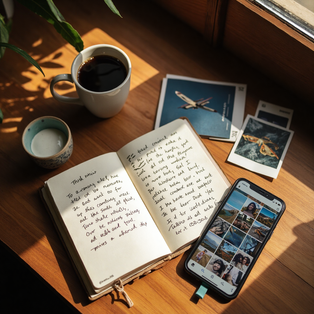 A sunlit wooden desk after a trip: an open paper journal with handwritten notes, an iPhone, a passport, a folded boarding pass, a few photographs, and a ceramic coffee cup in warm afternoon light