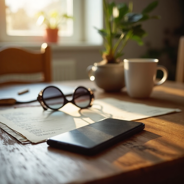A kitchen table set up for trip planning: an iPhone next to a printed itinerary sheet with handwritten notes, a passport, sunglasses, and a cup of coffee in soft morning light