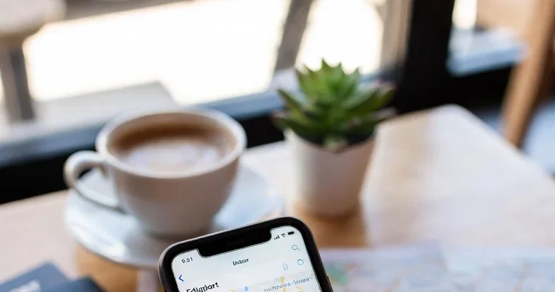 Traveler settling back in at home after a trip, phone in hand