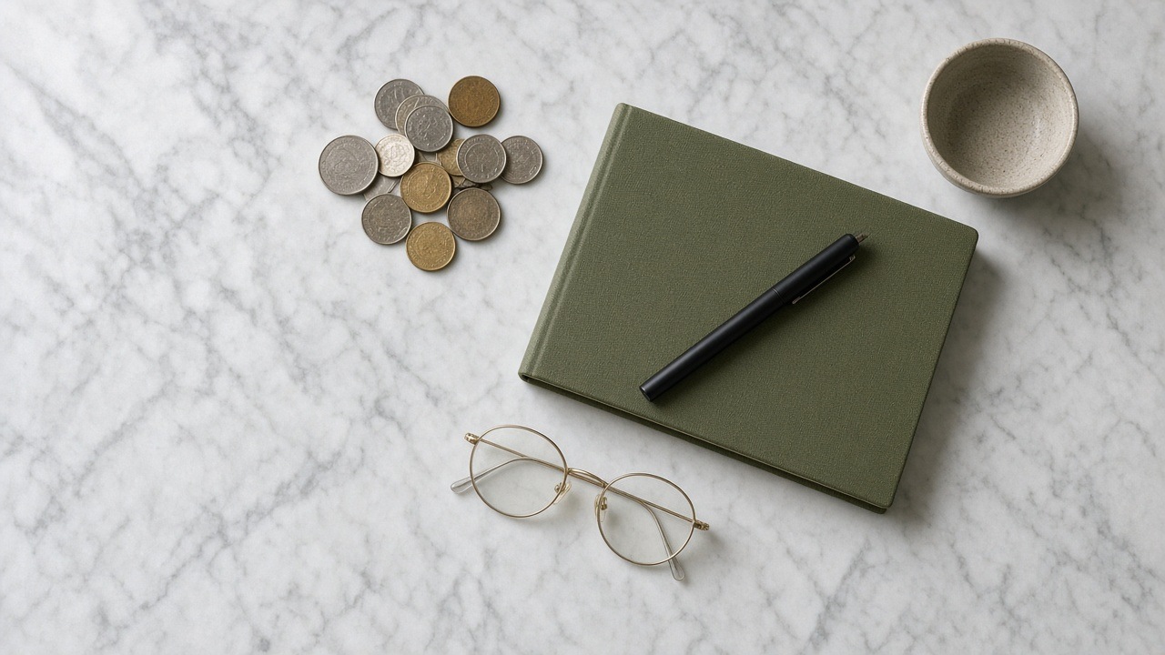 Overhead of a pale marble table with mixed coins, a closed green notebook, a fountain pen, reading glasses, and a small empty cup