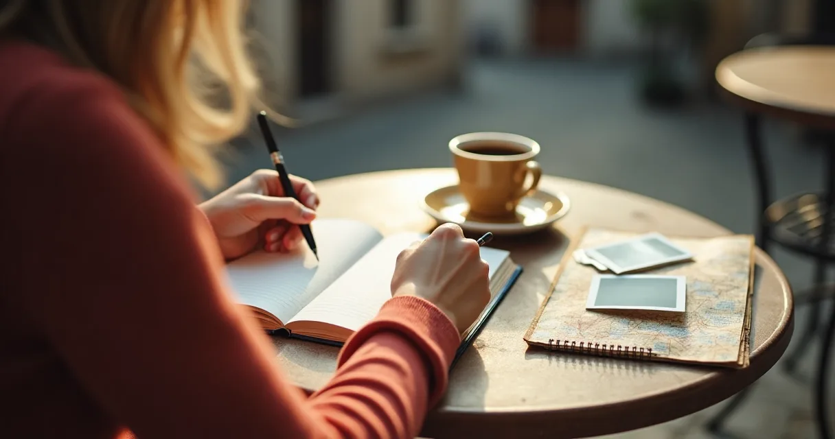 Hands writing in a paper travel journal at a cafe table with coffee, a map, and photos