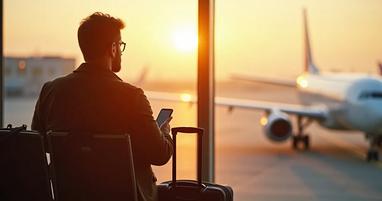 Traveler at an airport gate at sunset checking their phone beside a carry-on suitcase