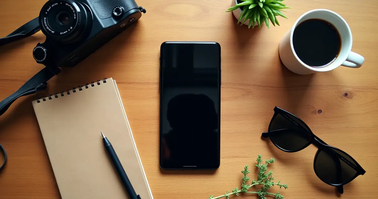 Flat lay of trip planning: smartphone, camera, notebook, sunglasses, and coffee on a wooden table